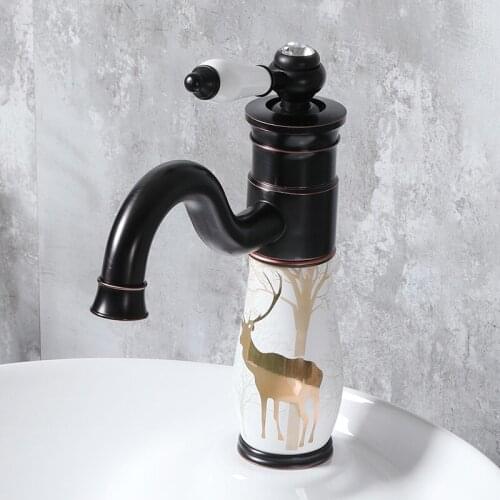 Bathroom Sink Faucet Black Oil Brass and Ceramic Basin Mixer Faucet Deck Mounted Water Tap Hot and Cold Mixer Taps Crane Faucets