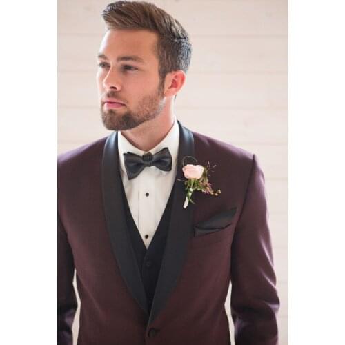 Burgundy tuxedo For Men Notch Lapel Slim Fit Groomsmen Tuxedos Groom Men Wedding Suits(jacket+pant+vest)