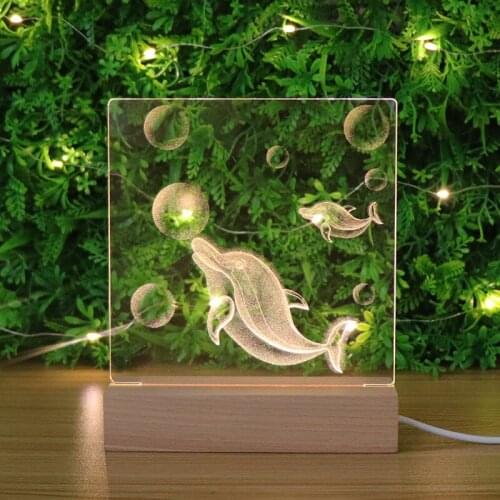 Acrylic Inner Carving Cut Dolphin Led 3D Night Light Solid Wood Usb 3D Table Lamp Gift for Children