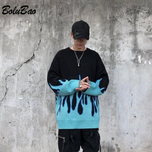 BOLUBAO Sweater Men Streetwear Retro Flame Pattern Hip Hop Autumn New Pullover O-Neck Oversize Couple Casual Mens Sweater