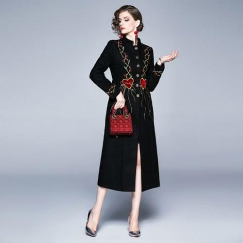 High Qulaity Luxury Women Wollen Coat New 2019 Winter Tweed Floral Embroidery Thick Warm Single Breasted Vintage Long Wool Coat