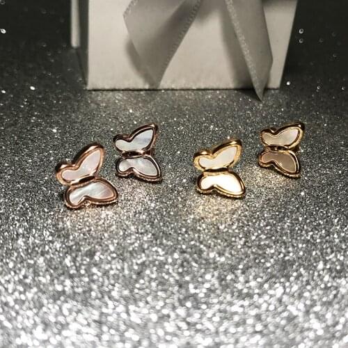YUN RUO Natural Pearl Shell Butterfly Stud Earring Woman Gold Color Titanium Steel Jewelry Birthday Gift Not Fade Drop Shipping