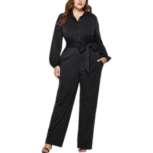 Women Summer Plus Size Long Sleeve Shirt Wide Leg Jumpsuits Female Overalls Long Rompers Trousers Pants