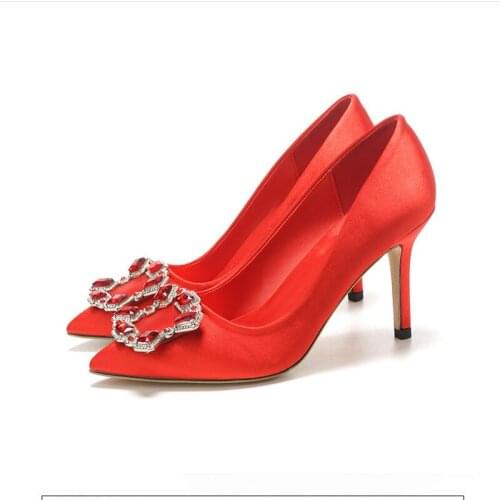 Spring pointed rhinestone satin white stiletto high heel bridal wedding shoes banquet dress large size small size womens shoes