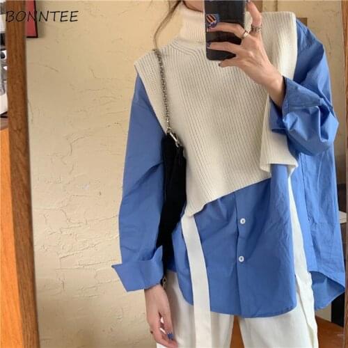 Women Sets Loose Fashionable Turtleneck Solid Sweater Vest Single Breasted Simple Shirts 2 Piece Leisure All-match Trendy Autumn