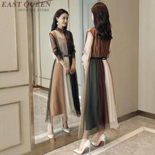 Womens elegant hollow out lace long dress in spring tunic patchwork full flare sleeve chiffon strips draped dress AA3429 F