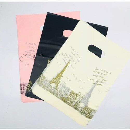 25x35cm Black /Yellow/Pink Tower Pattern Plastic Shopping Bags With Handle 50pcs Plastic Gift Bags Packaging Handle Bag Pouches