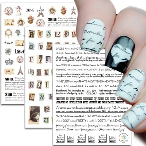 3D Nail Sticker Self-adhesive Black Letters Heart Newspaper Decal Smile Love Nail Design Cool Manicure Decoration SACA017-409