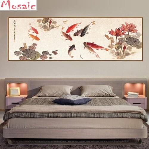 5d DIY Cross Stitch Full Round Diamond Painting Chinese Calligraphy Painting Ink Koi Fish Pond Lotus Flower Embroidery Mosaic
