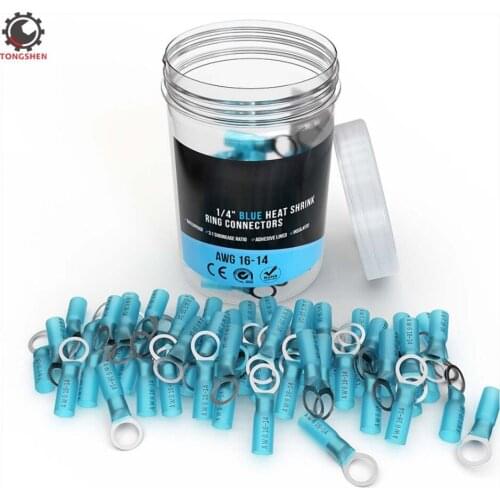 60Pcs Blue Heat Shrink Ring Insulated Terminal Electrical Splice Wire Connectors Wire Crimp Terminal Connector #10 1/4" 5/16"