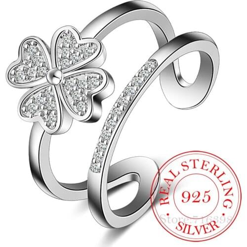 925 Sterling Silver Rings For Women Mosaic CZ Zirconia Lucky Four Leaf Clover Multi-layer Resizable Rings Bague Wedding Gift