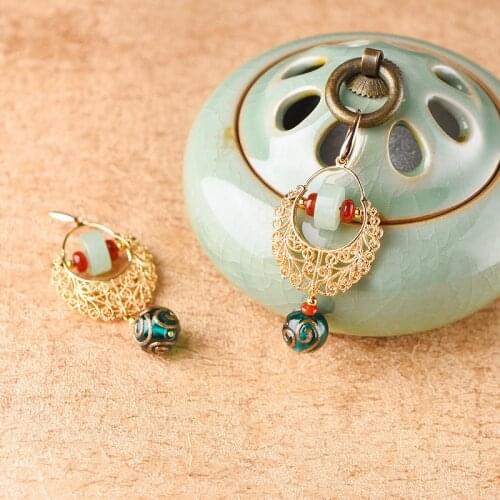 BOEYCJR Ethnic Vintage Stone Bead Hollow Pattern Dangle Earrings Fashion Jewelry Elegant Drop Earrings For Women Gift