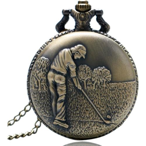 Bronze Golfing Theme Pocket Watch Quartz Analog Necklace Chain Pendant Watch Clock Best Gift To Golfers Men