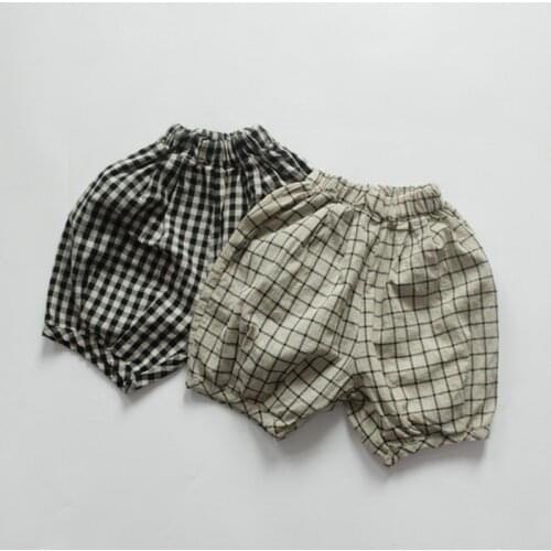 New Summer Unisex Children Plaid Lantern Pants Loose Korean Style Cotton Linen Toddlers Kids Calf-length Trousers
