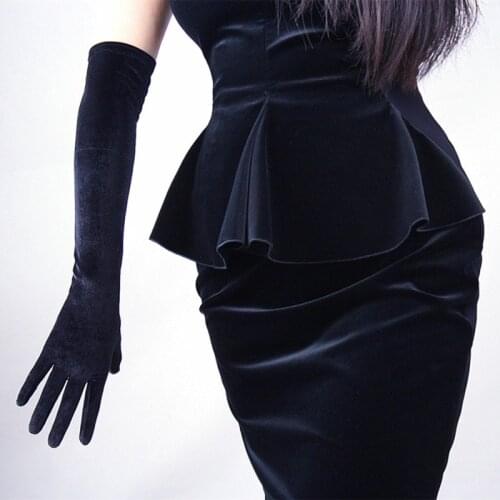 Elegant Female Gold Velvet Dinner Dress Gloves Winter Thin Full Finger 43cm Long Sexy Black Elastic Warm Driving Gloves H47
