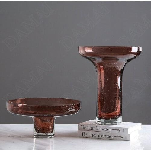 European Glass Vases Mouth Restaurant Desktop Wide Flower Vase Hotel Front Desk Gold Powder Modern Dried Flowers Organizer