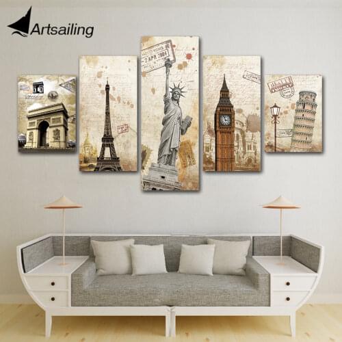 HD Printed 5 Piece Canvas Art Vintage Iconic Building Canvas Prints Big Ben Free girl Statue Tower Poster For Wall Decoration