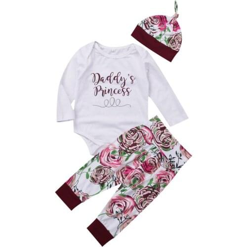Daddys Princess Newborn Baby Girl Long Sleeve Cotton Bodysuit Tops Floral Long Pant Hat 3PCS Baby Girl Clothes Set