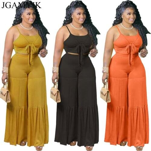 JGAMYIK Plus Size Sets Two Piece Set Women Bandage Crop Top Pleated Wide Leg Pants Summer Vacation Outfits XL-5XL