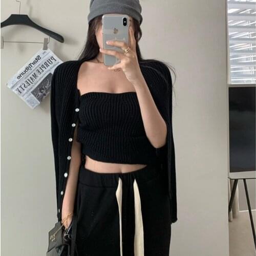 2 pcs set 2021 spring autumn korean style knittd Sweater Cardigan womens Outwear Coats+tank tops Women Clothing set (N0282)