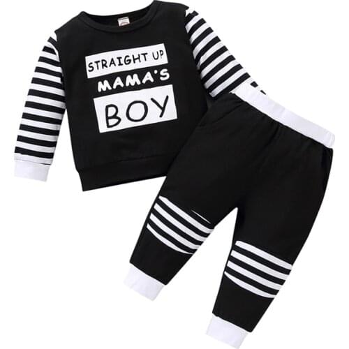 Lioraitiin 0-18M Newborn Infant Baby Boys 2Pcs Clothing O- Neck Lettering Patchwork Long Sleeve Shirt Striped Pants