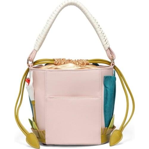 Flower Handmade Creative Bags Women Fashion Pu Leather Tote Bucket Bag Vintage Panelled Crossbody Sling Bags Handtassen Dames