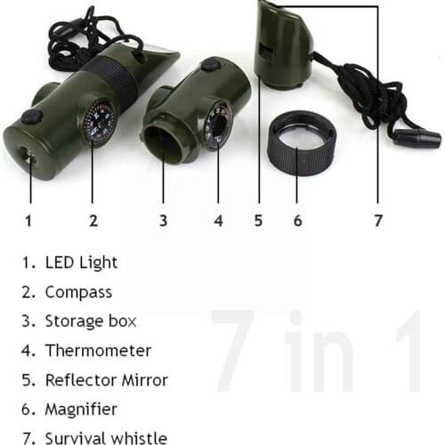 Multifunctional Whistle 7 In 1 Survival Trekking Mirror Compass Storage Torch Thermometer Tools Magnifier Light L T5R9