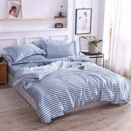 Fashion Blue Striped Satin Silk Bedding Set Faux Ice Silk Duvet Cover Bed Sheet Pillowcase Twin Full Queen King Comforter Cover