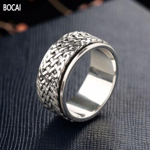 BOCAI New Real S925 sterling silver jewelry handmade retro individual weaving Man and Woman rotating wide ring