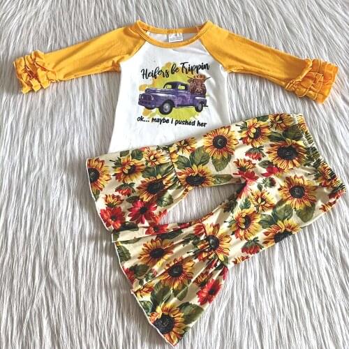 New arrival high quality children fall outfit girl truck and sunflower pattern clothing set baby girls incing ruffle outfit