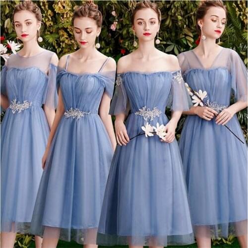 New Bridesmaid Dresses Dusty Blue Tea Length Summer Fall Formal Graduation Prom Party Gown Gift for Girlfriend Robe Demoiselleur