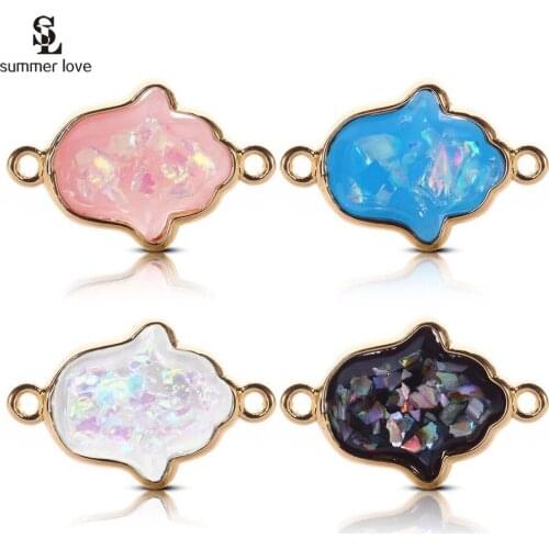 10PCS Fashion Gold Metal Hamsa Hand Connectors Charm for Diy Bracelet Jewelry Making 2 Holes Pink Resin Pendant Fit Necklace