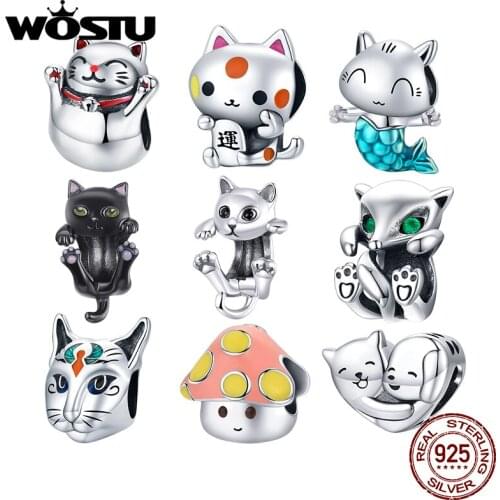WOSTU Authentic 925 Sterling Silver Maneki Neko Cat Beads Charms Pendant Fit Bracelets Women Party DIY Fine Jewelry Gift Making