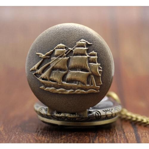 Vinatge Vessel Carved Full Hunter Design Quartz Pocket Watch Best Wishes Sailing Pattern Theme Pendant Retro Clock Gift Watch