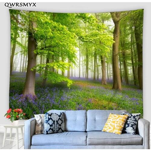 Green Forest Covered With Purple Flowers Tapestry Scenery Wall Hanging Home Living Room Bedroom Dorm Decor Wall Art Tapestries