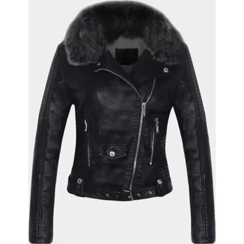 FTLZZ New Women Winter Faux Leather Jacket Warm Large Fur Collar Lady Motorcycle Pu Faux Soft Leather White Black Pink Coat