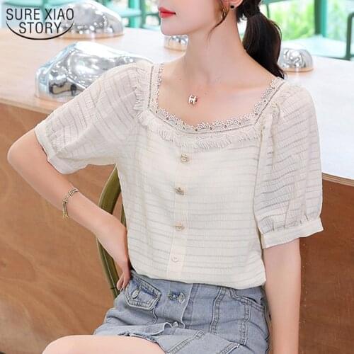 2021 Summer Pullover Puff Short Sleeve Square Collar Lace Chiffon Blouses Women Fashion Plus Size Loose Shirts Tops Blusas 10206