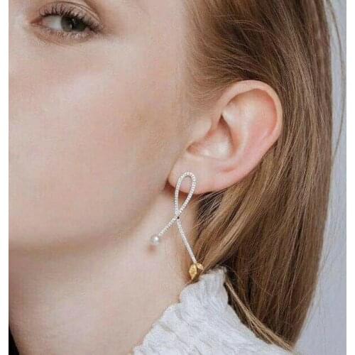 SLJELY 925 Sterling Silver Pearl Leaf Crossed Earrings Yellow Cubic Zirconia Crystal Women Wedding Party Luxury Brand Jewelry