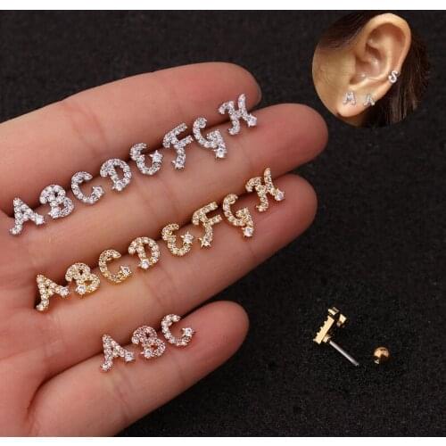 1pc Fashion 26 English Initial Letters Stud Ear Stainless Steel Body Piercing Alphabet Stud Earring Screw Ball Back BE0004