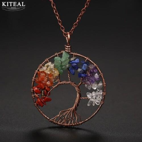 7 colors Stones Natural Stone Quartz Tree of Life Pendant for Women Men Healing Crystal Necklace Pendants Reiki Jewelry