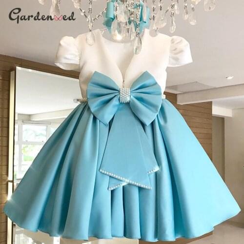 Girl Ball Gown Kids First Communion Dress Satin Bow Layers Tiered Pearl Girl Pageant Dress Solid Kids Short Flower Girl Dresses