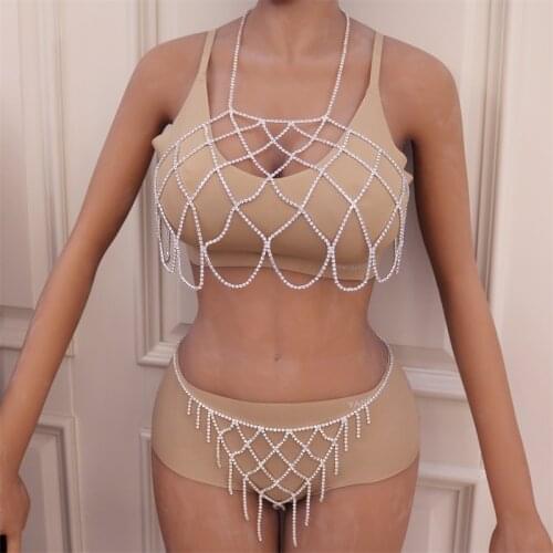White Body Chains Sexy Bra And Thong For Women Party Set Rhinestone Charm Jewellery Crystal Jewelry Special Gift
