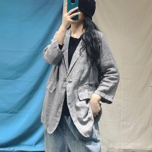 Women Loose Single Button Linen Houndstooth Blazer Ladies Vintage Flax jackets Coat Female Autumn Spring Thin Coat Outerwear