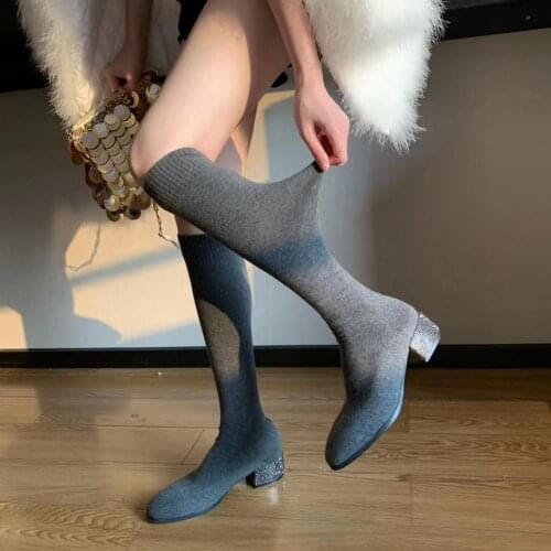 Over The Knee Stretch Boots Round Toe Slip On Thick Mid Heels Rhinestone Heeled Fashion Spring/Autumn Boots Flats Heels Size 39