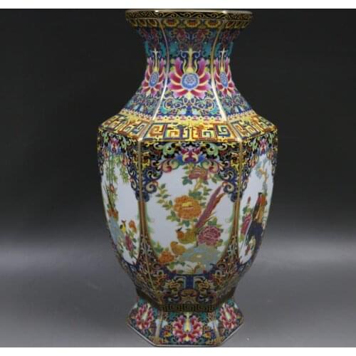 QingDynasty porcelain vase.Color bird hexagonal bottle,Hand painting crafts,Decoration collection&adornment,Free shipping