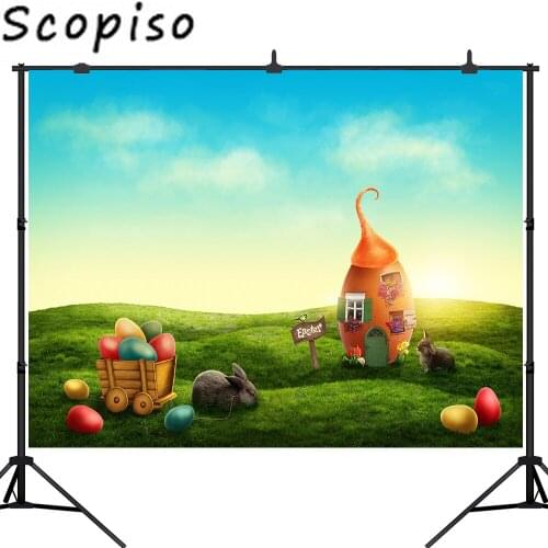 Scopiso Photography Backdrops Easter Cartoon Fairy Tale Eggs House Rabbit Grass Flower Childrens Photo Background Studio Props