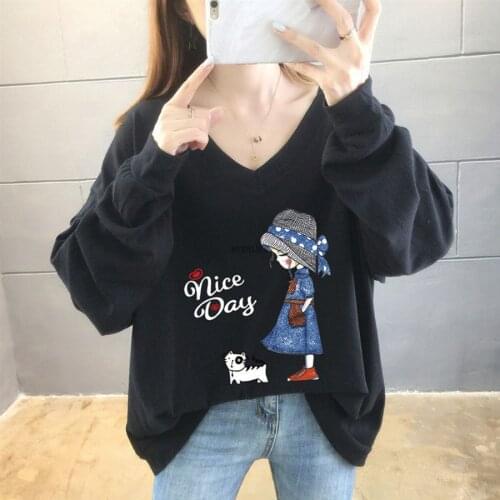 Size 8XL 150KG Large Black Tshirt Streetwear Long Sleeve V Neck Oversize T Shirt Women Cartoon Print Big Top Female Tee