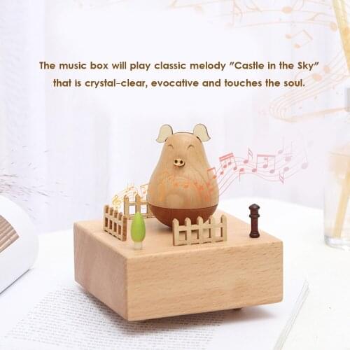 Tumbler Pig Toy Roly-poly Toy Music Box Stem-winding Musical Box Beech Wood Melody Castle Music Box Excellent Gifts & Decoration