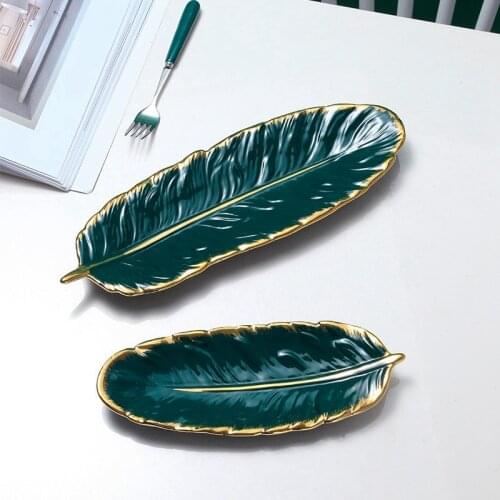 LBER Nordic Phnom Penh Ceramic Dessert Plate Dark Green Feather Plate Banana Leaf Fruit Plate Dry Fruit Plate Storage Plate