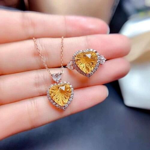 High-quality Citrine Heart-shaped Pendant Necklace Ring Set S925 Fine Fashion Wedding Jewelry for Women Free Shipping